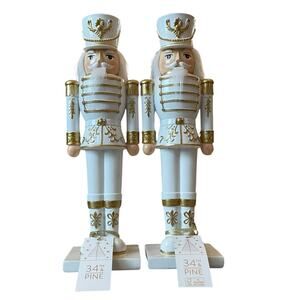 34th & Pine White Gold NUTCRACKERS 14in Wood Set of 2 Holiday Glam NEW
